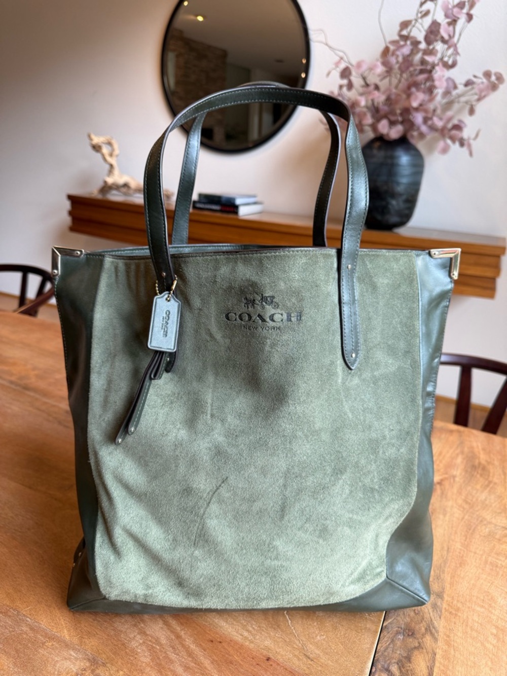 COACH Olive Green Suede & Leather Tote With Gold Hardware